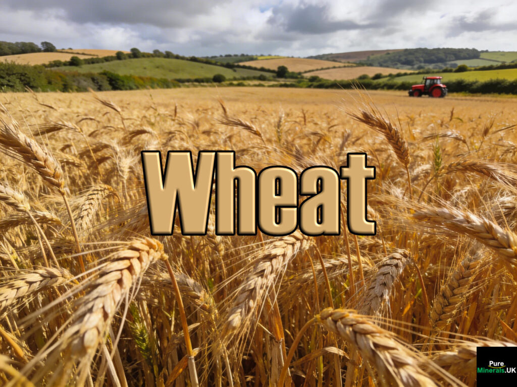 Golden whole-grain wheat heads growing in a large British farm field with rolling countryside in the background.