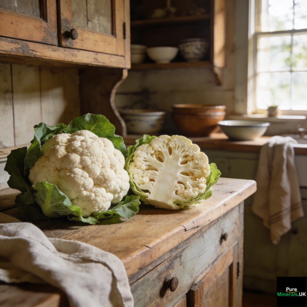 A whole white cauliflower and a halved cauliflower on a rustic wooden counter in a farmhouse kitchen with soft natural light.