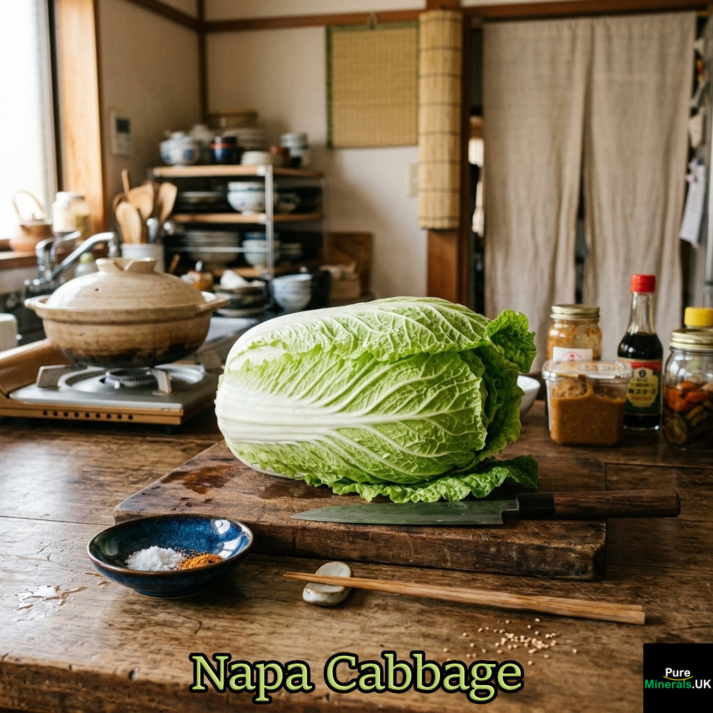 A whole head of fresh, green Napa cabbage resting on a rustic wooden cutting board in a traditional Japanese-style kitchen. A Japanese chef's knife sits beside it. In the foreground, a small blue ceramic bowl holds salt and red pepper flakes, with chopsticks nearby. The background features a wooden stove, ceramic cookware, and various bottles of sauces.