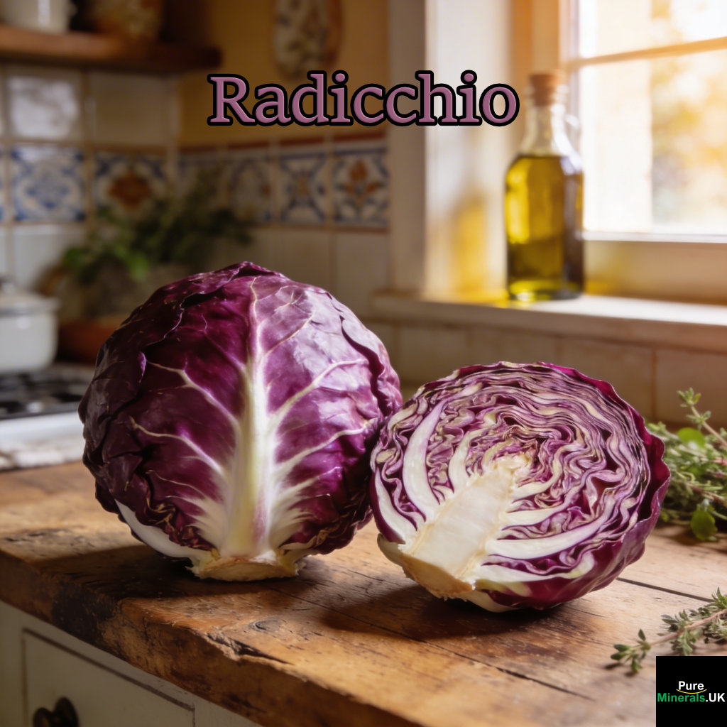 Two radicchio heads on a wooden countertop—one whole with deep purple leaves and white veins, and one cut in half revealing its tightly layered interior. Soft natural light streams in from the side, with a blurred background showing ceramic tiles, a bottle of olive oil, and fresh herbs.