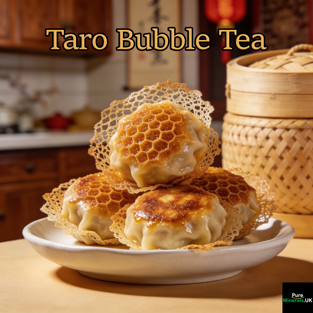 Wu gok, deep-fried taro dumplings with a golden honeycomb-patterned crust, served on a plate in a Cantonese kitchen.