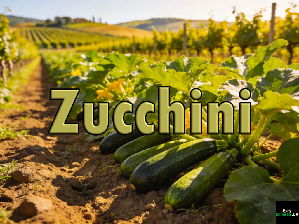 Genovese zucchini plants growing on an Italian farm, with dark green elongated fruits and yellow blossoms among broad leaves, set in sunlit countryside rows.