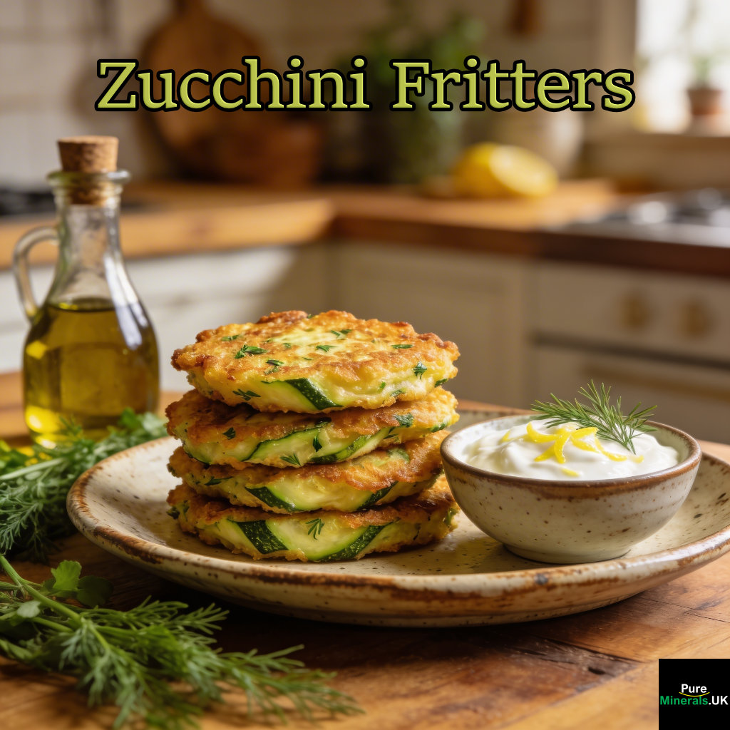 Golden brown zucchini fritters stacked on a plate with herb flecks, served with a small bowl of creamy yogurt sauce, set in a softly lit Italian kitchen with rustic details.
