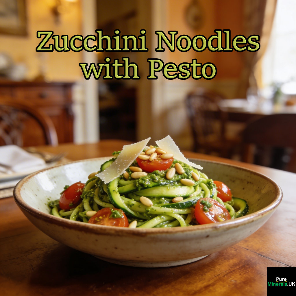 Zucchini noodles coated in green pesto, topped with cherry tomatoes, pine nuts, and shaved Parmesan, served in a bowl in a softly lit Italian dining room.