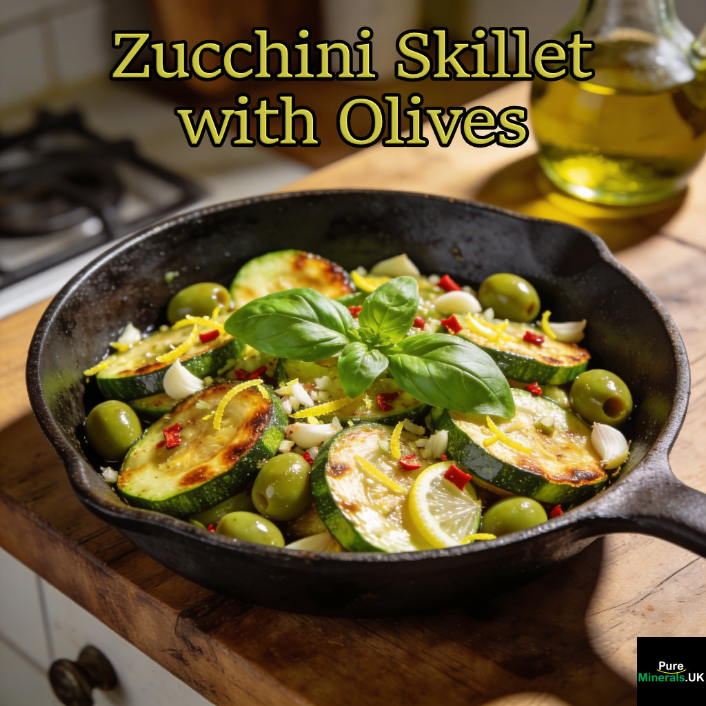 Skillet of sautéed zucchini with green olives, garlic, red pepper flakes, and fresh basil in an Italian kitchen.