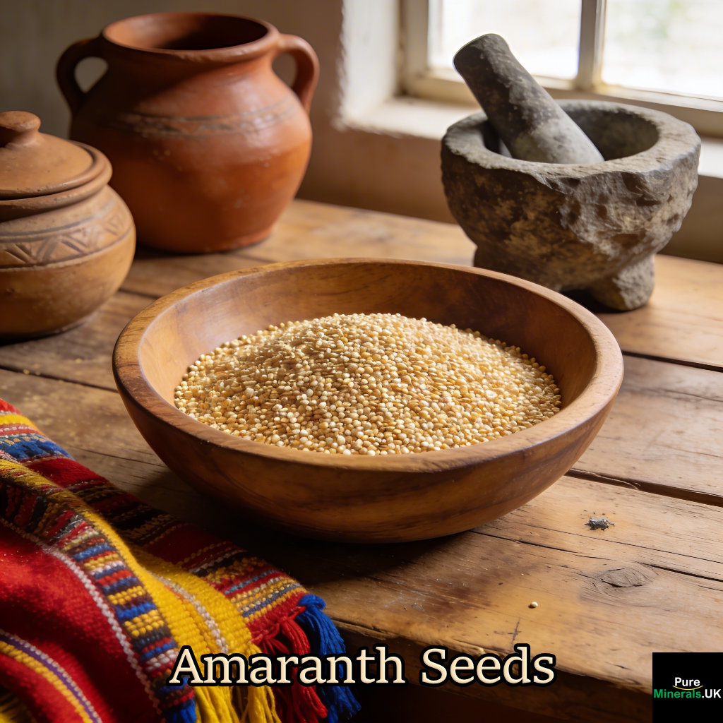 A wooden bowl filled with pale golden amaranth seeds sits on a rustic table in a traditional Mexican kitchen, surrounded by clay pottery, a molcajete, and colorful woven textiles.