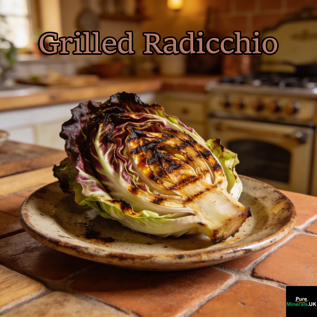 Halved grilled radicchio with charred edges and caramelized grill marks served on a plate in a warm, rustic Italian kitchen with soft natural light.