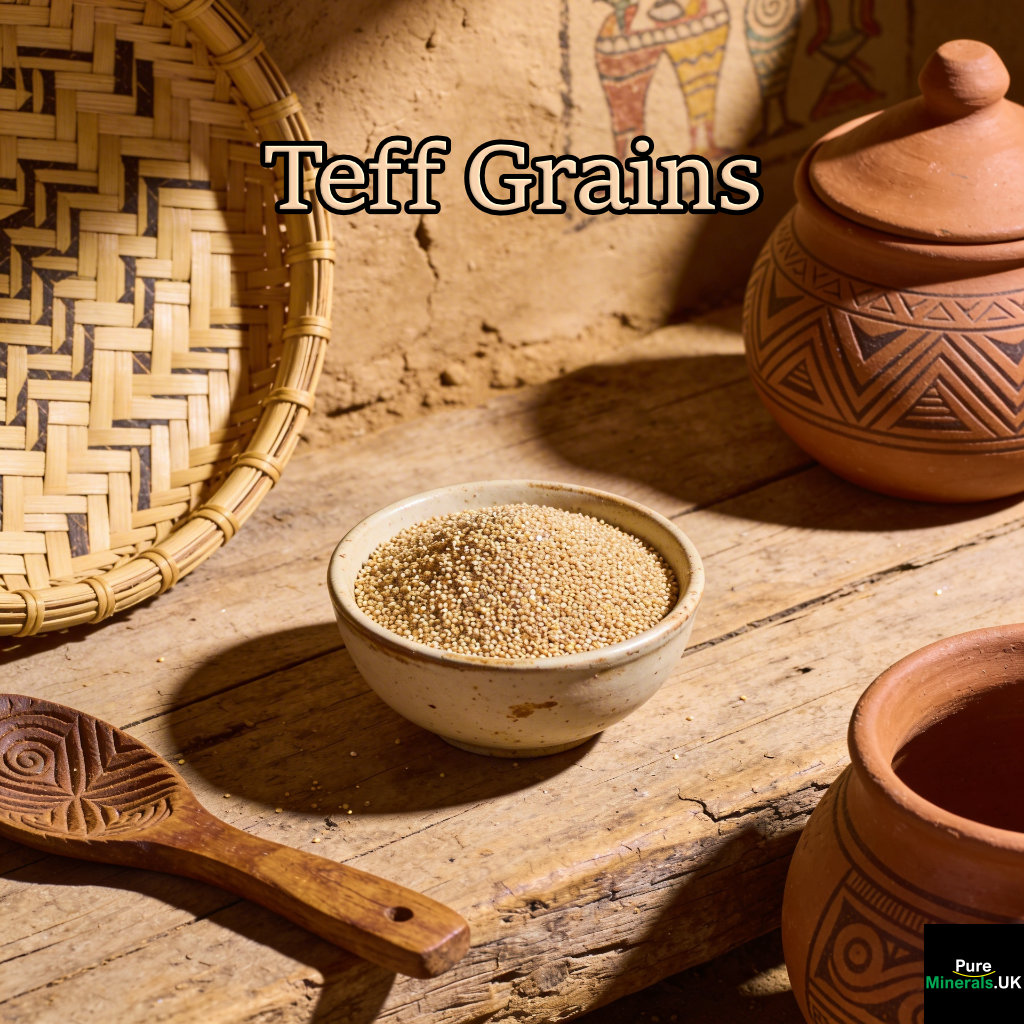 A bowl of tiny teff grains in shades of ivory and brown on a wooden surface in a traditional Ethiopian kitchen with woven baskets and clay pots.