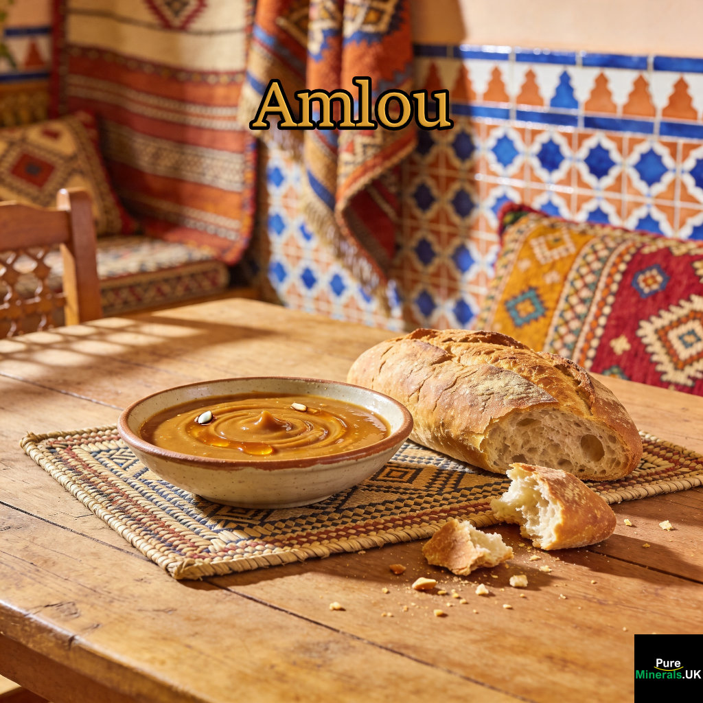 Bowl of traditional Moroccan amlou with fresh bread on a rustic breakfast table, set in a warm, softly lit Moroccan dining room with decorative tiles and textiles.