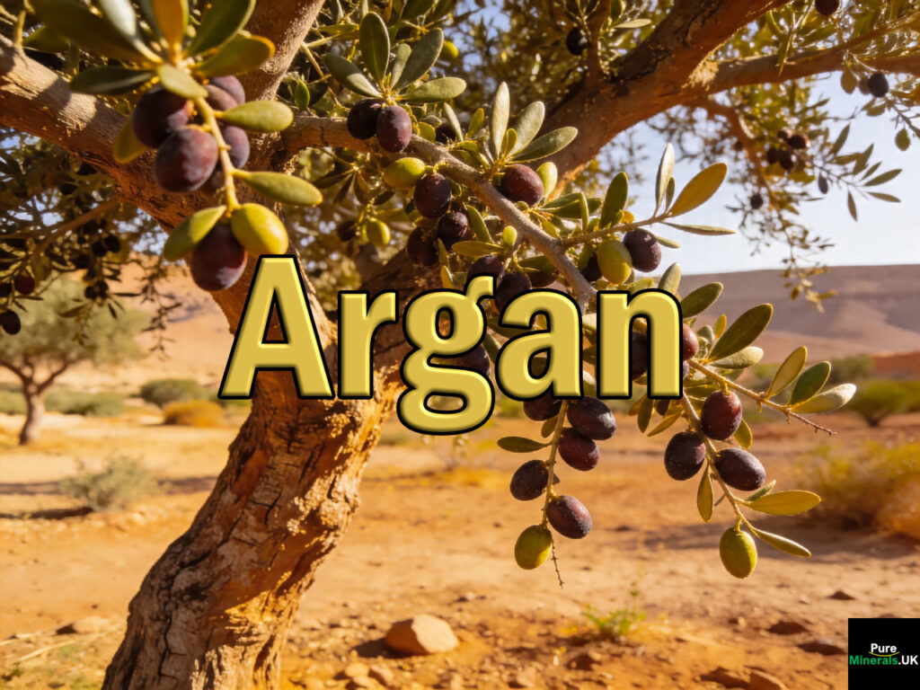 Argan tree in southwestern Morocco with gnarled branches bearing olive-like fruits, set in a dry, semi-desert landscape with warm sunlight and sparse vegetation.