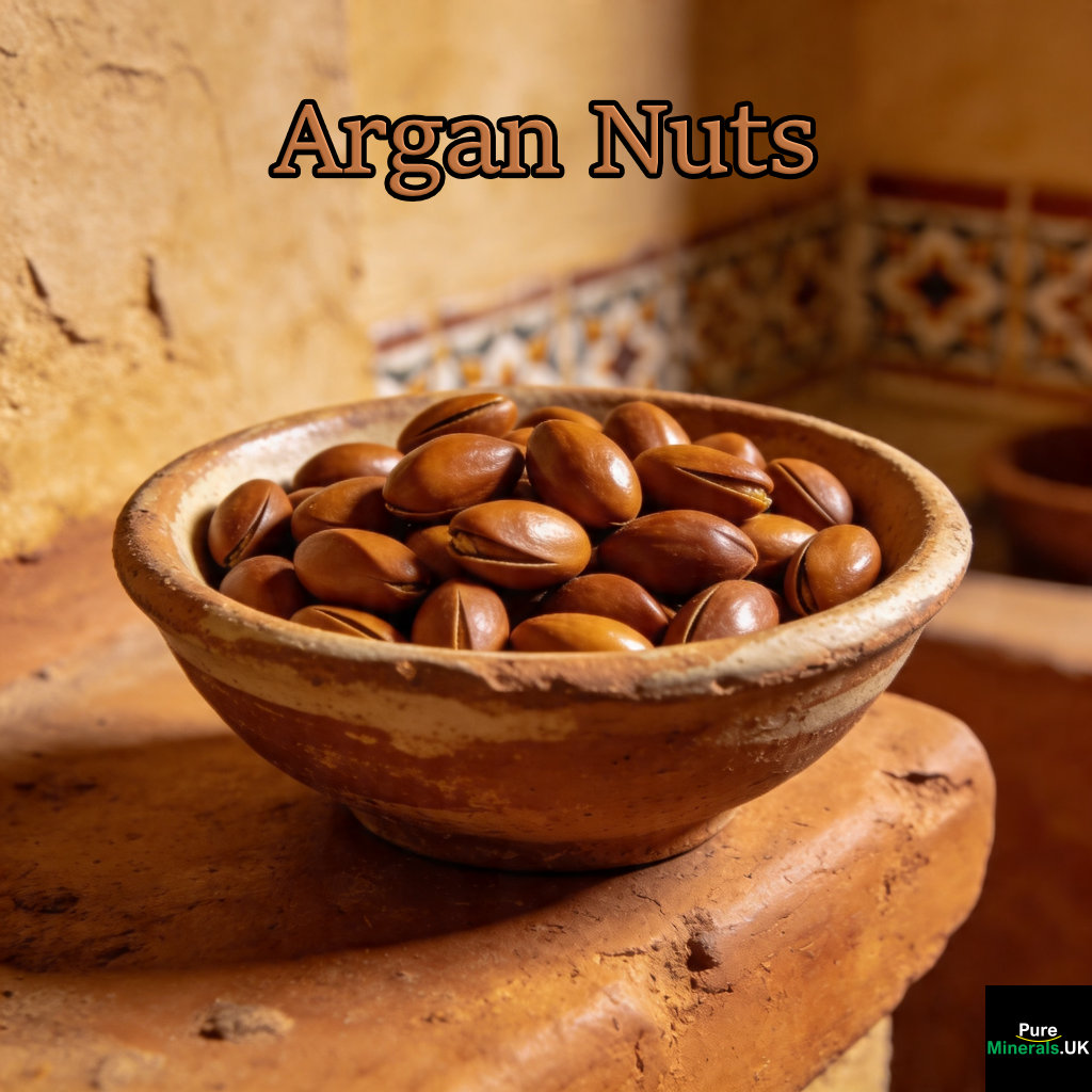 Close-up of smooth brown argan kernels (argan almonds) in a ceramic bowl, set in a rustic Moroccan kitchen with warm light and textured clay surfaces.