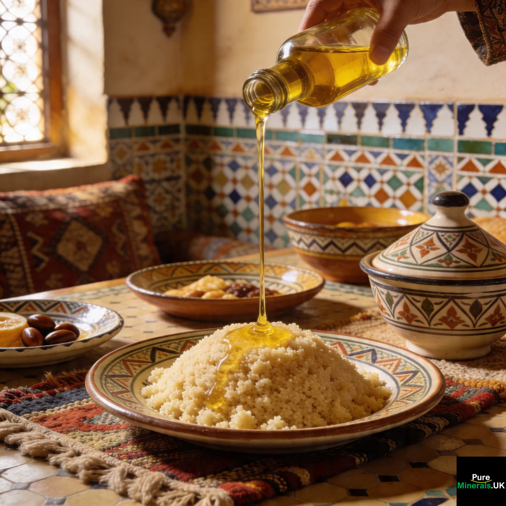 Golden argan oil being drizzled over fluffy couscous on a ceramic plate in a rustic Moroccan breakfast dining room with warm light, decorative tiles, and woven textiles.