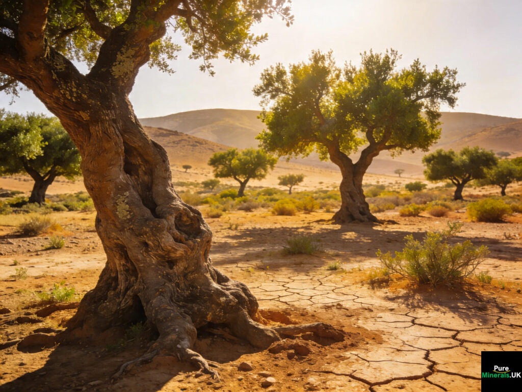 Scattered argan trees with gnarled trunks and green canopies growing across the خشک, arid landscape of Morocco’s Souss Valley under warm sunlight.