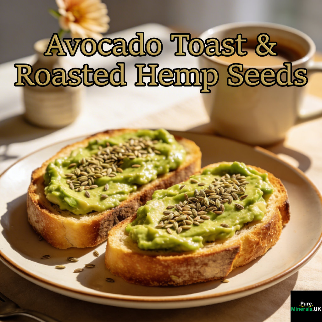 Avocado toast topped with roasted hemp seeds on a plate in a bright breakfast dining room with morning light and a cup of coffee nearby.