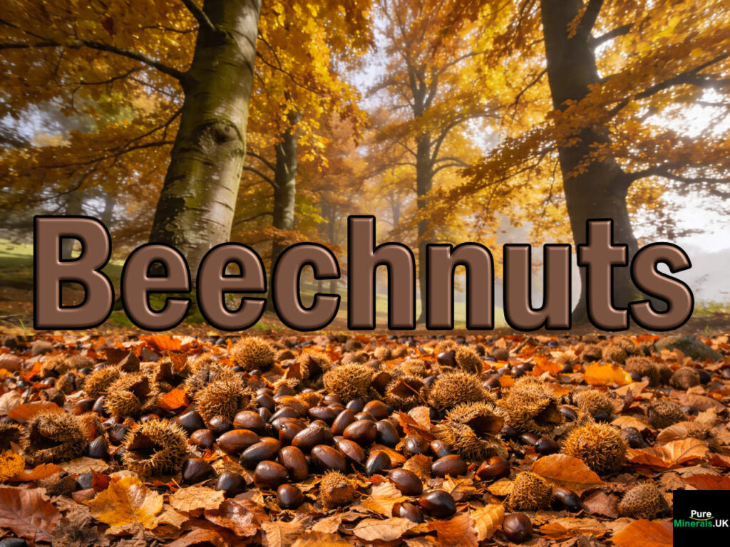 Tall beech trees in the Chiltern Hills during autumn with golden leaves, and a woodland floor densely covered with fallen leaves and abundant beechnuts.