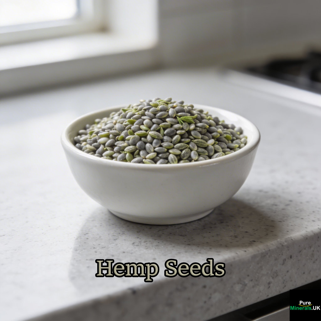 A bowl of tiny grey-green raw hemp seeds on a clean modern kitchen countertop, shown in close-up with soft natural lighting.
