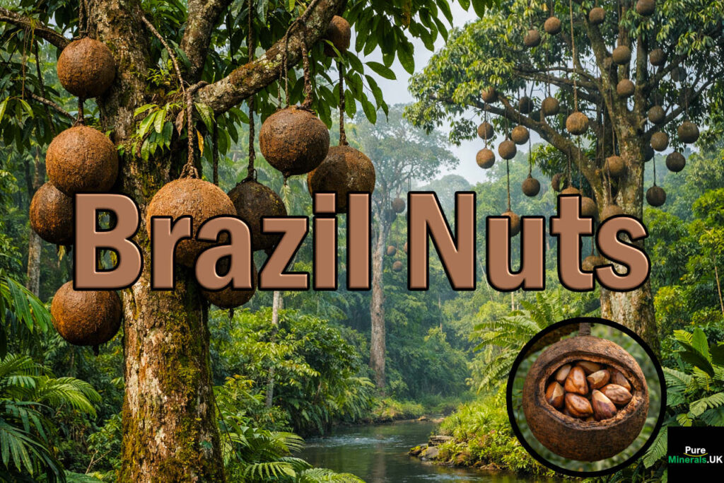 Brazil nut trees in the Amazon rainforest with large, round, coconut-like fruits hanging from their branches above a lush green forest and a narrow stream.