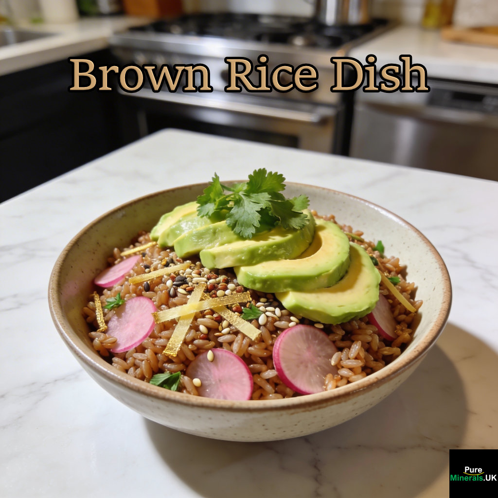A bowl of brown rice mixed with thin ginger strips, sliced radishes, seeds, and herbs, topped with fresh avocado slices in a modern kitchen setting.