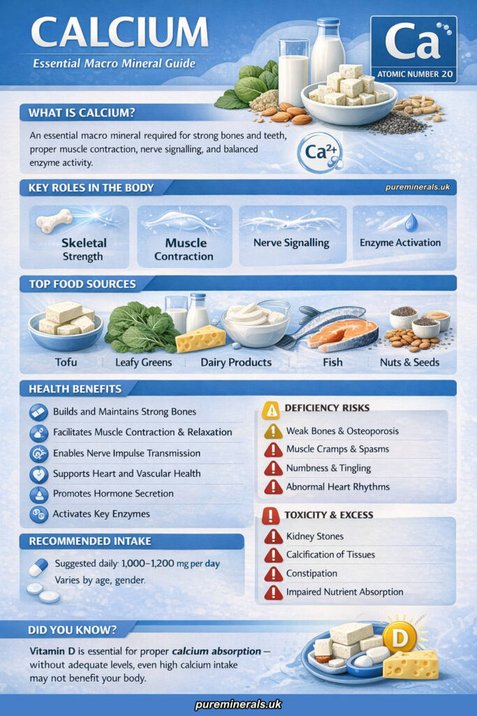 Calcium macro mineral infographic showing bone health benefits, muscle function, food sources, and recommended daily intake
