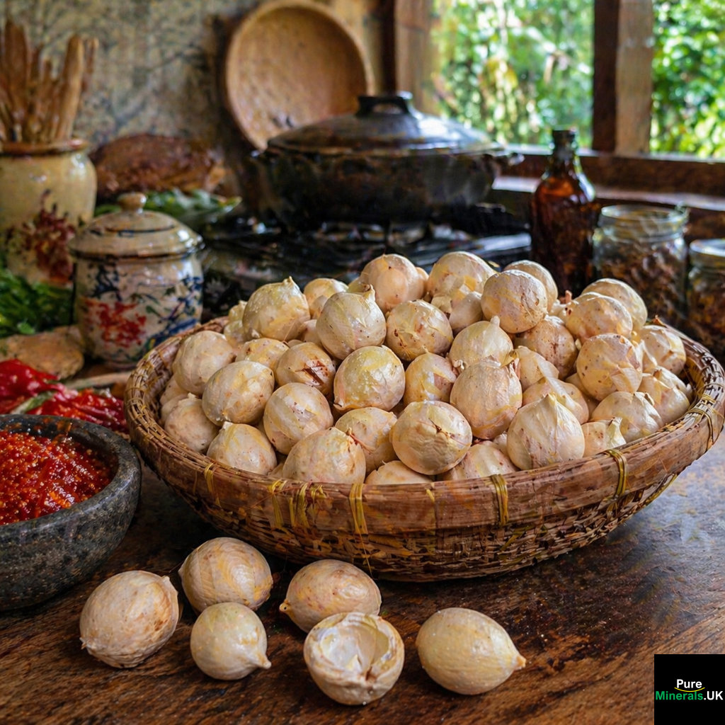 A basket filled with cream-colored candlenuts sits on a wooden kitchen table, with a few nuts scattered nearby, surrounded by traditional Indonesian cooking tools and ingredients in a rustic kitchen.