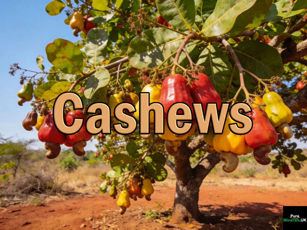 A cashew tree with a spreading canopy bears colorful cashew apples with attached cashew nuts, growing in a dry orchard landscape.