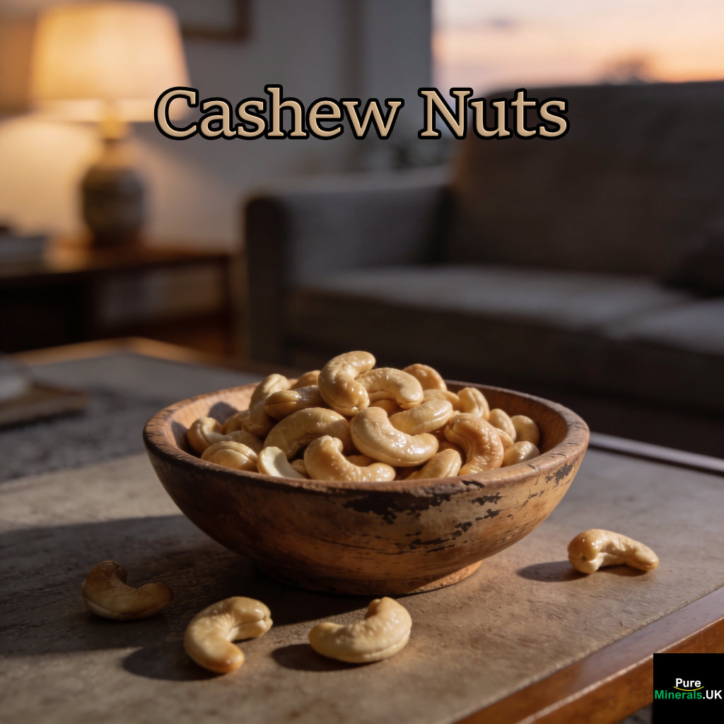 A bowl filled with golden cashew nuts sits on a wooden lounge table, with a few nuts scattered nearby.