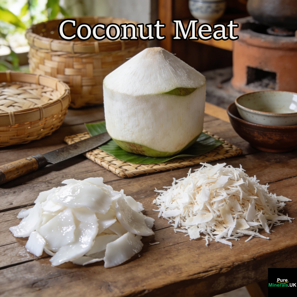 The firm white flesh scraped from inside the coconut shell is the meat. Fresh coconut meat has a moist, chewy texture and a mildly sweet flavor. Dried coconut meat — often sold as shredded or desiccated coconut — is used extensively in baked goods, granola, trail mix, and yogurt parfaits.