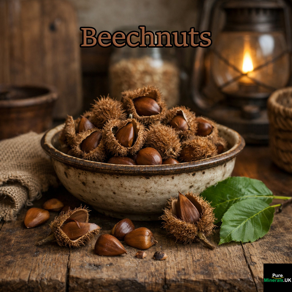 A rustic kitchen scene featuring a ceramic bowl filled with beechnuts.
