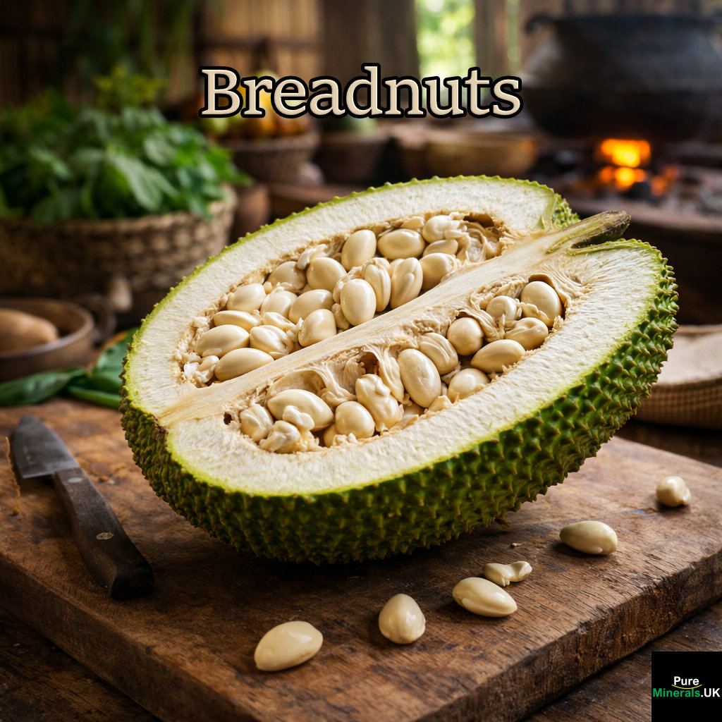 A halved breadnut fruit on a wooden cutting board in a rustic New Guinea kitchen, showing its spiky green rind and clusters of pale, glossy seeds inside.
