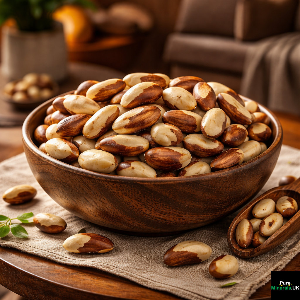 A wooden bowl filled with clean, glossy Brazil nuts on a coffee table in a cozy lounge setting, with a softly blurred armchair and warm ambient lighting in the background.