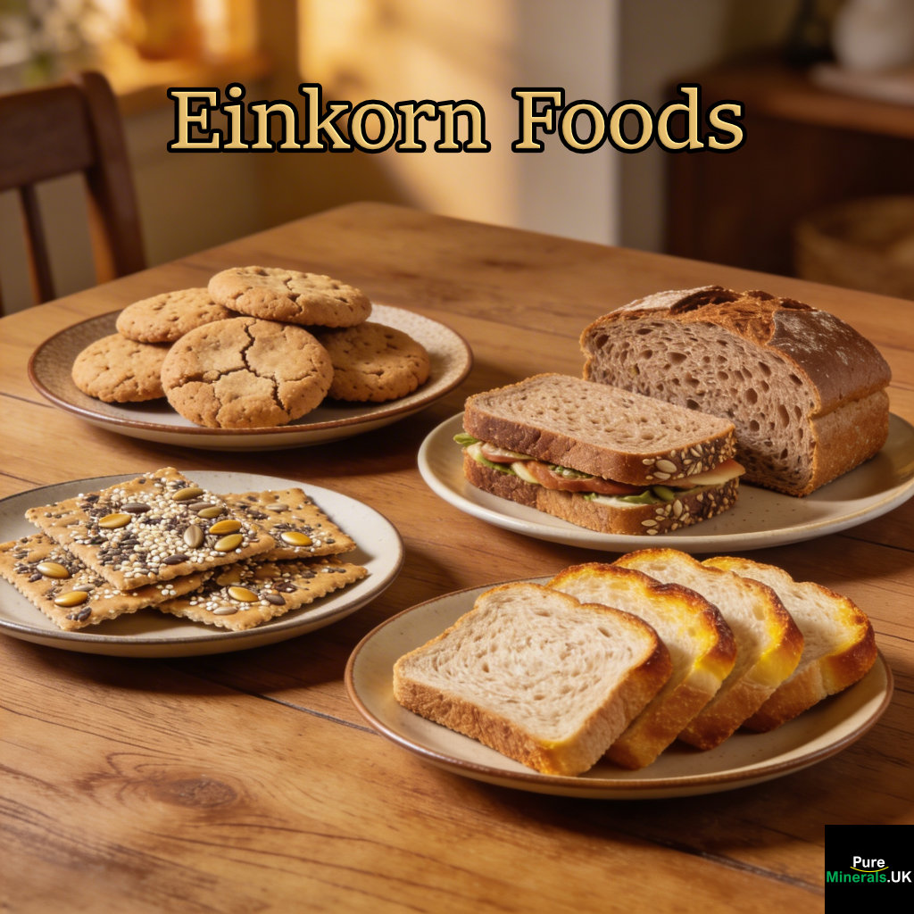 A dining table with einkorn wheat foods including cookies, seeded crackers, sandwiches, and toast arranged on plates in a warm, cozy dining room.