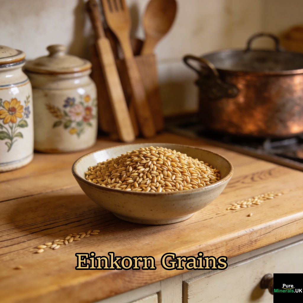 A bowl of small golden einkorn wheat grains on a wooden countertop in a cozy German kitchen with ceramic jars.