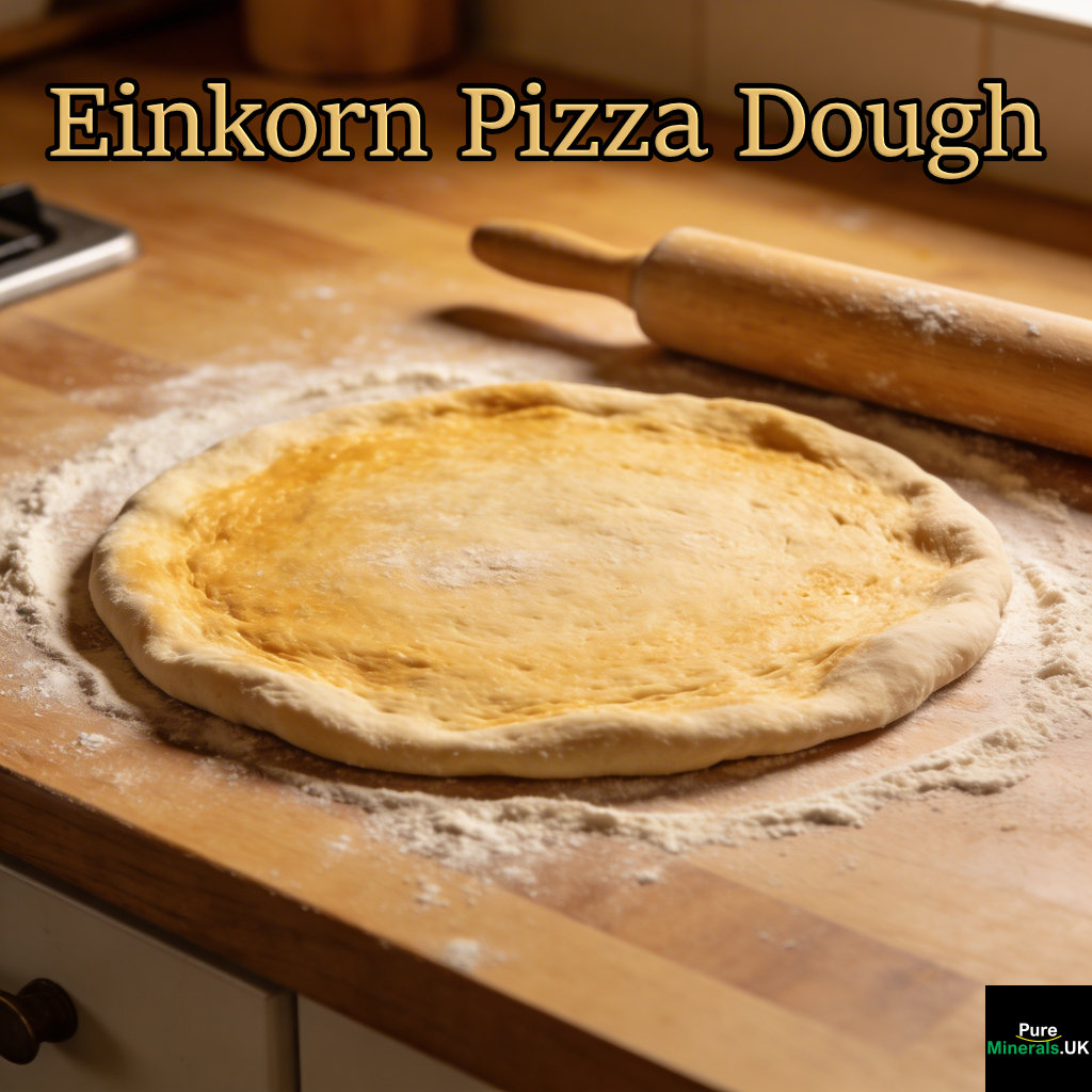 A round sheet of einkorn pizza dough with a slightly golden hue rolled out on a floured wooden countertop with a rolling pin in a kitchen.