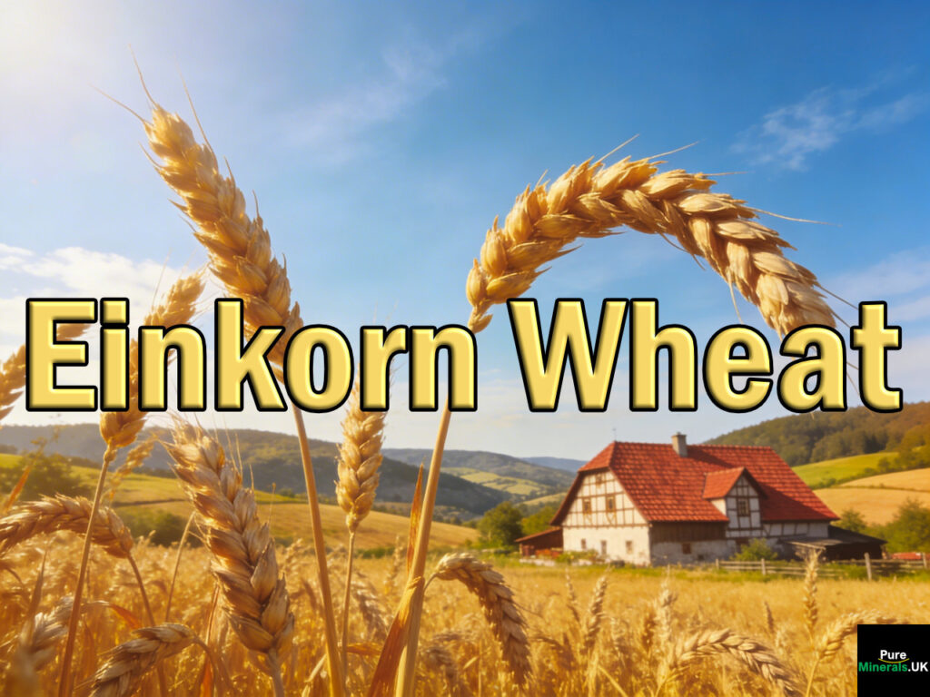 Golden einkorn wheat growing in a German farm landscape with rolling hills and a traditional farmhouse under a blue sky.