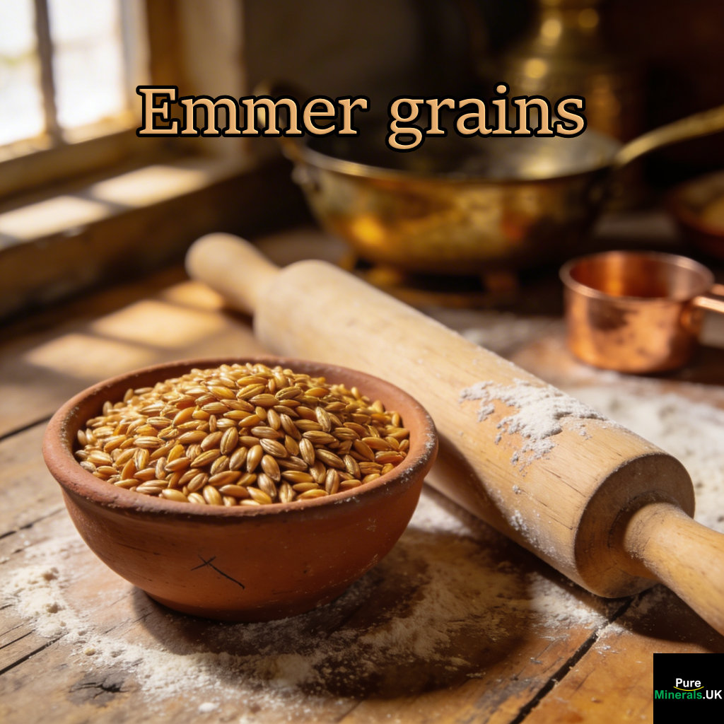 A bowl of golden-brown emmer wheat grains on a wooden countertop in a warm Indian kitchen with flour and a rolling pin nearby.