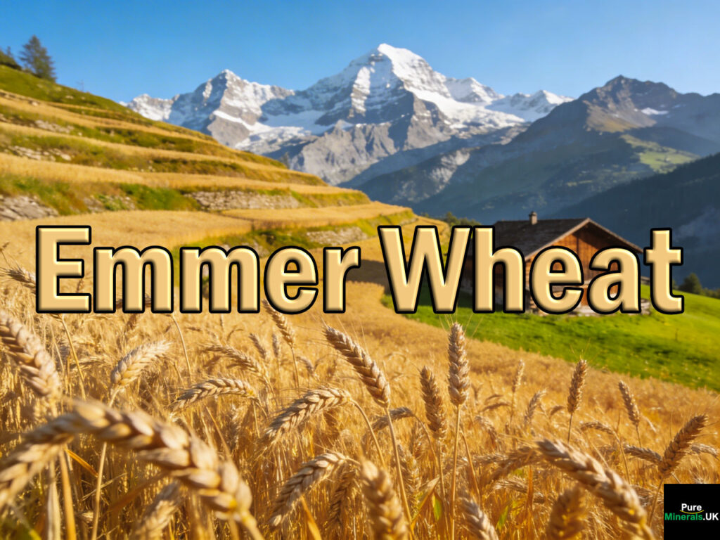 Golden emmer wheat fields on a Swiss farm with alpine mountains, a wooden chalet, and green pastures under a clear blue sky.