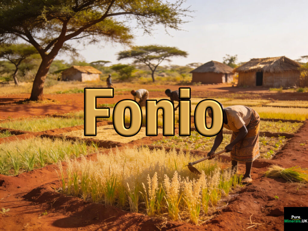 Small plots of delicate fonio grass growing on a Gambian farm with farmers tending crops under warm sunlight and rural huts in the background.