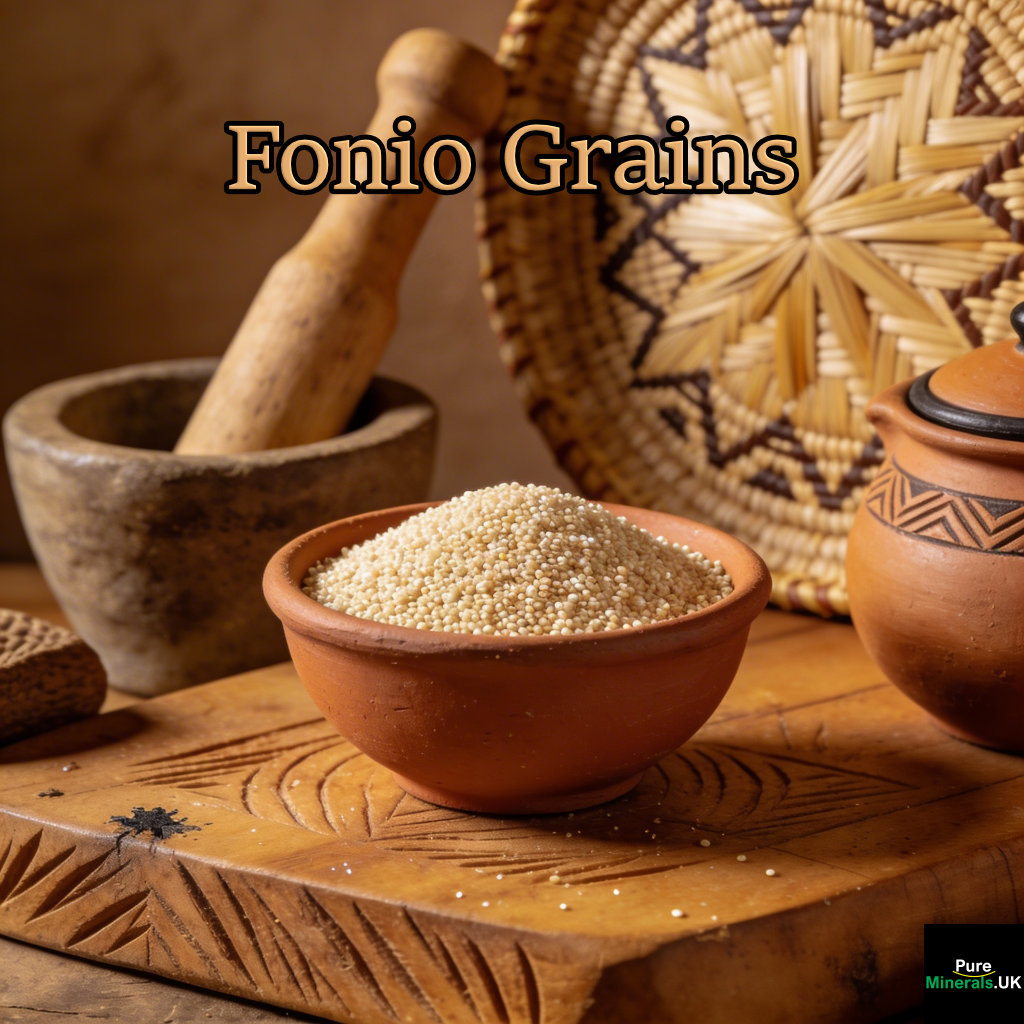 A bowl of very tiny pale fonio grains on a wooden surface in a Guinean kitchen with woven baskets and traditional utensils in warm light.