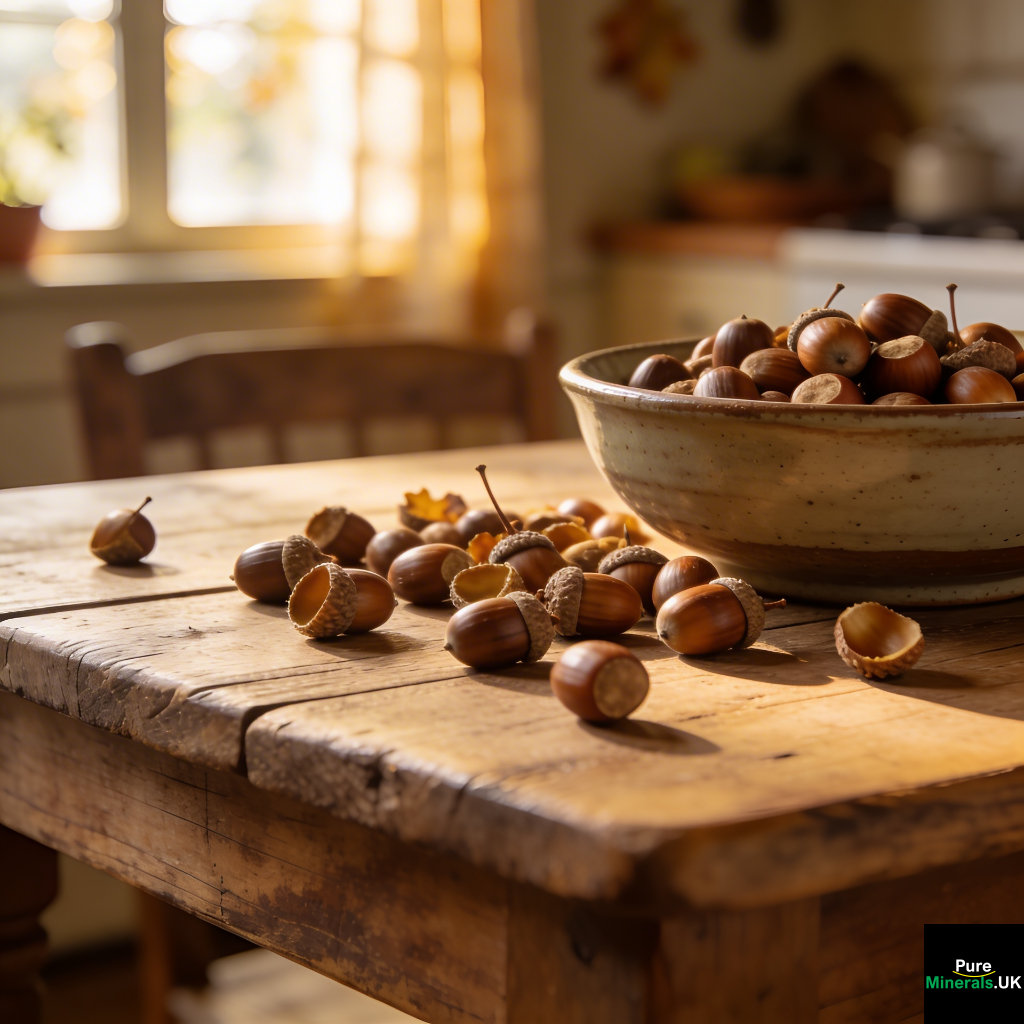 Freshly collected acorns scattered across a rustic wooden farmhouse kitchen table, with a ceramic bowl partially filled with acorns, warm natural light streaming through a window, creating a cozy and realistic countryside atmosphere.