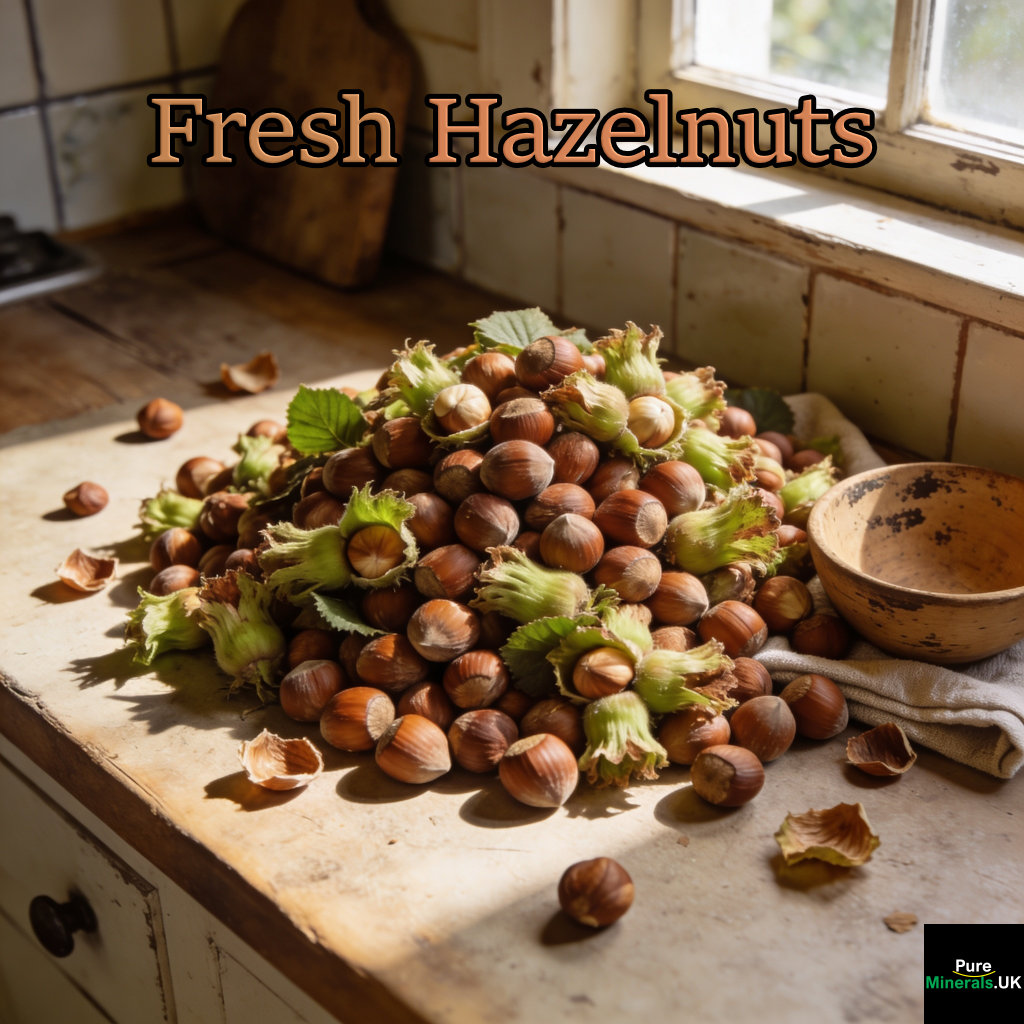 Freshly collected hazelnuts in a farmhouse kitchen.