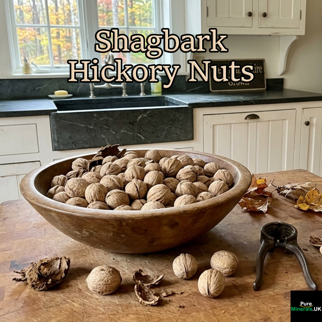 Freshly collected shagbark hickory nuts in a New Hampshire kitchen.