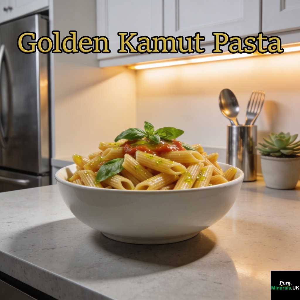 A bowl of golden Kamut pasta with a light olive oil sheen and herbs on a modern kitchen countertop.