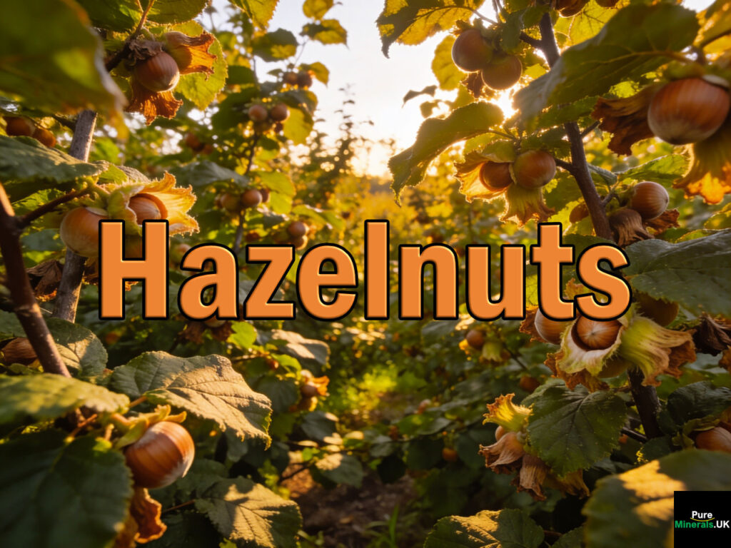 A hazel grove packed with hazel or filbert trees with ripe hazelnuts ready for harvest.