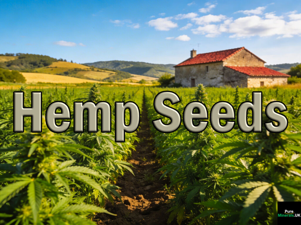 Rows of tall green industrial hemp plants for nutritious hemp seeds growing on a French farm with rolling countryside, a farmhouse, and a blue sky.