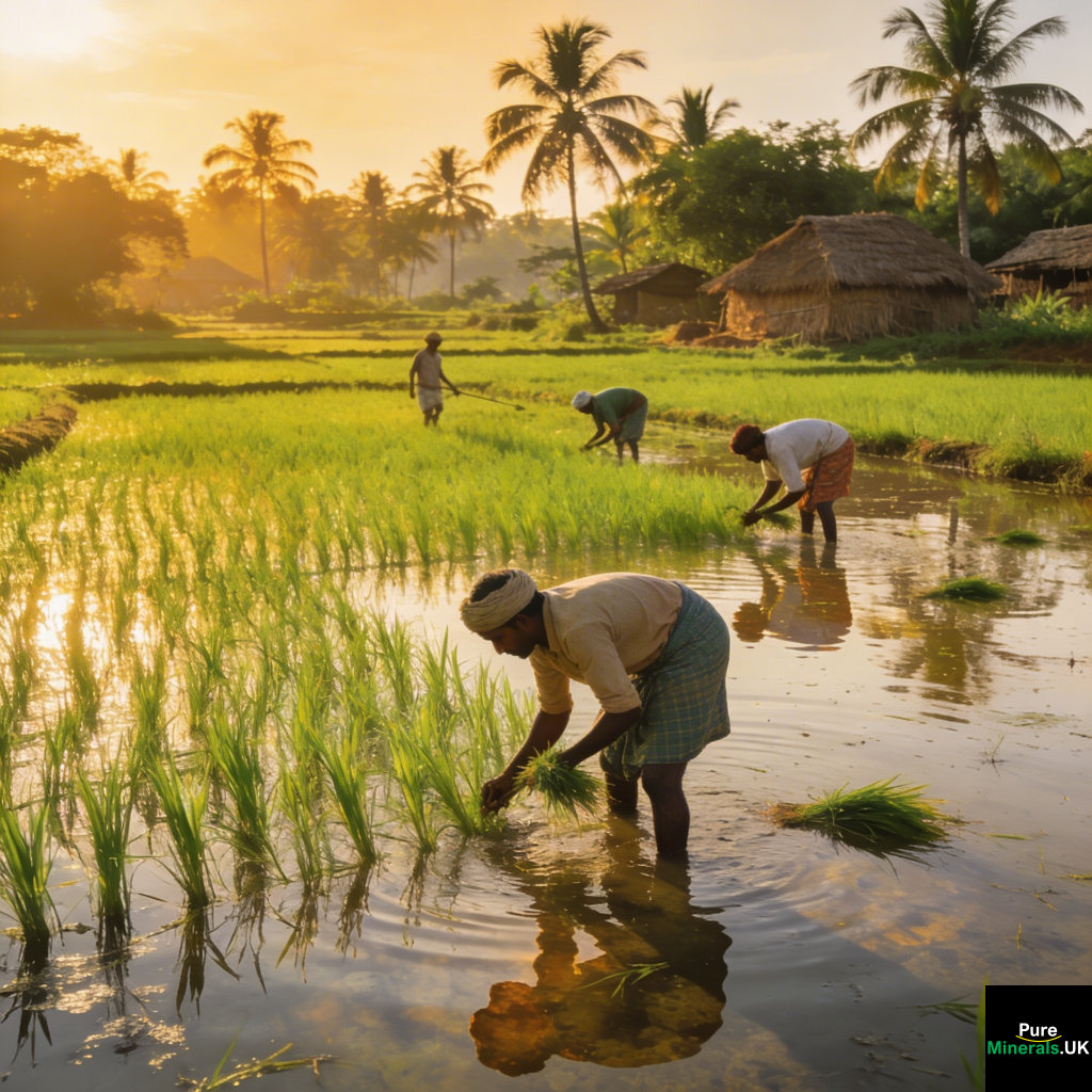 Farmers working barefoot in a flooded rice paddy in India with lush green rice plants, palm trees, and rural huts under warm sunlight.