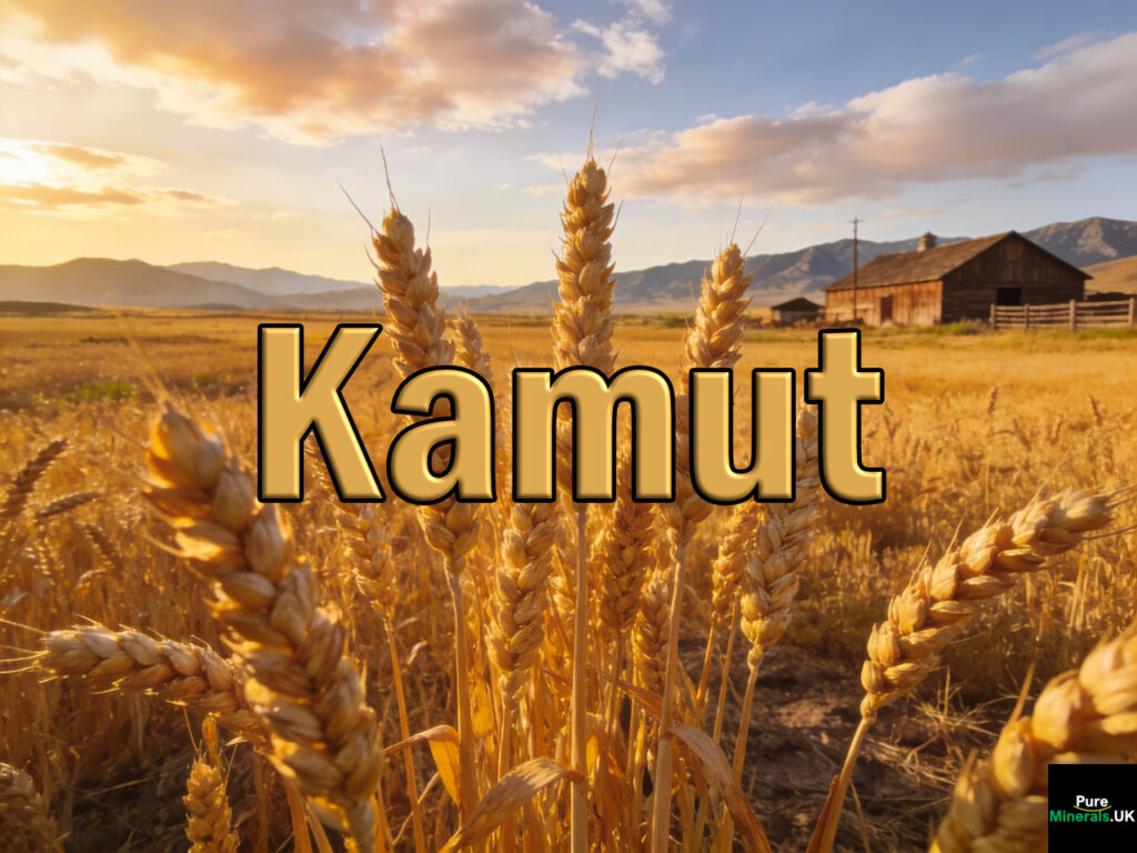 Tall golden Kamut wheat growing on an organic farm in Montana with wide open fields, a big sky, and distant mountains.
