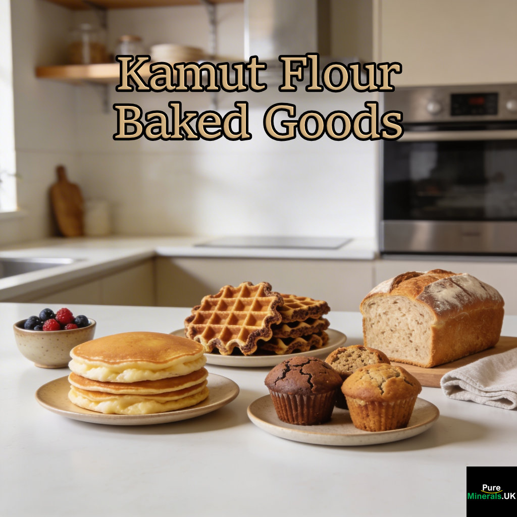 A variety of Kamut flour baked goods, including pancakes, waffles, muffins, and bread arranged on a modern kitchen countertop.