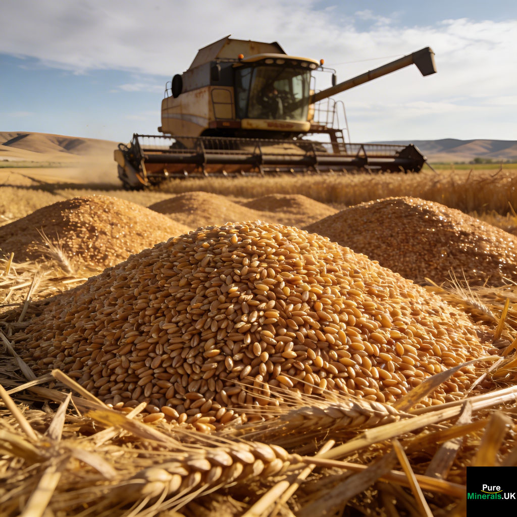 Freshly harvested Kamut wheat with golden grains and cut stalks on a Montana farm, with a combine harvester and wide open sky in the background.