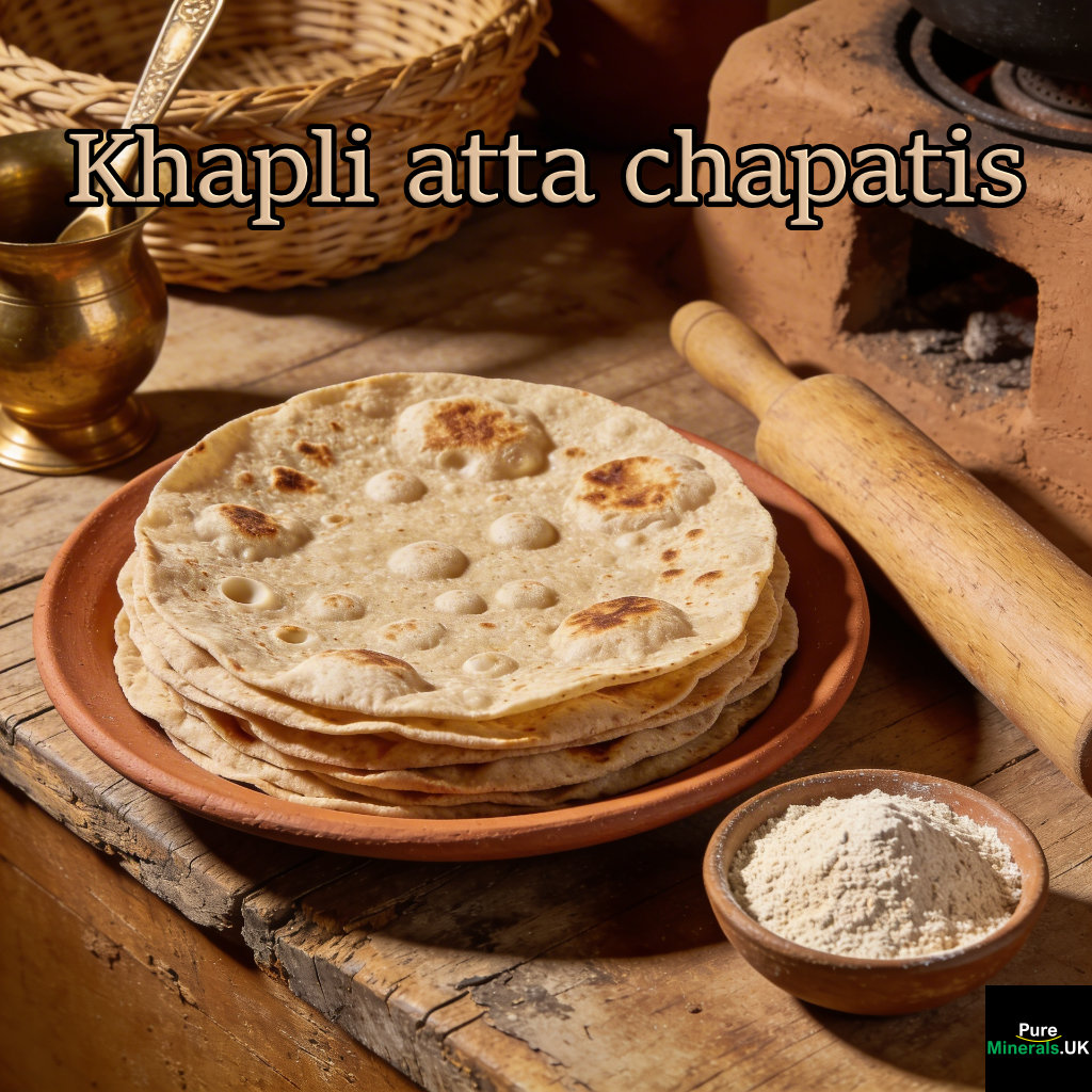 A stack of freshly cooked Khapli atta chapatis with light browning and soft texture on a plate in a warm Indian kitchen, with a rolling pin and flour nearby.