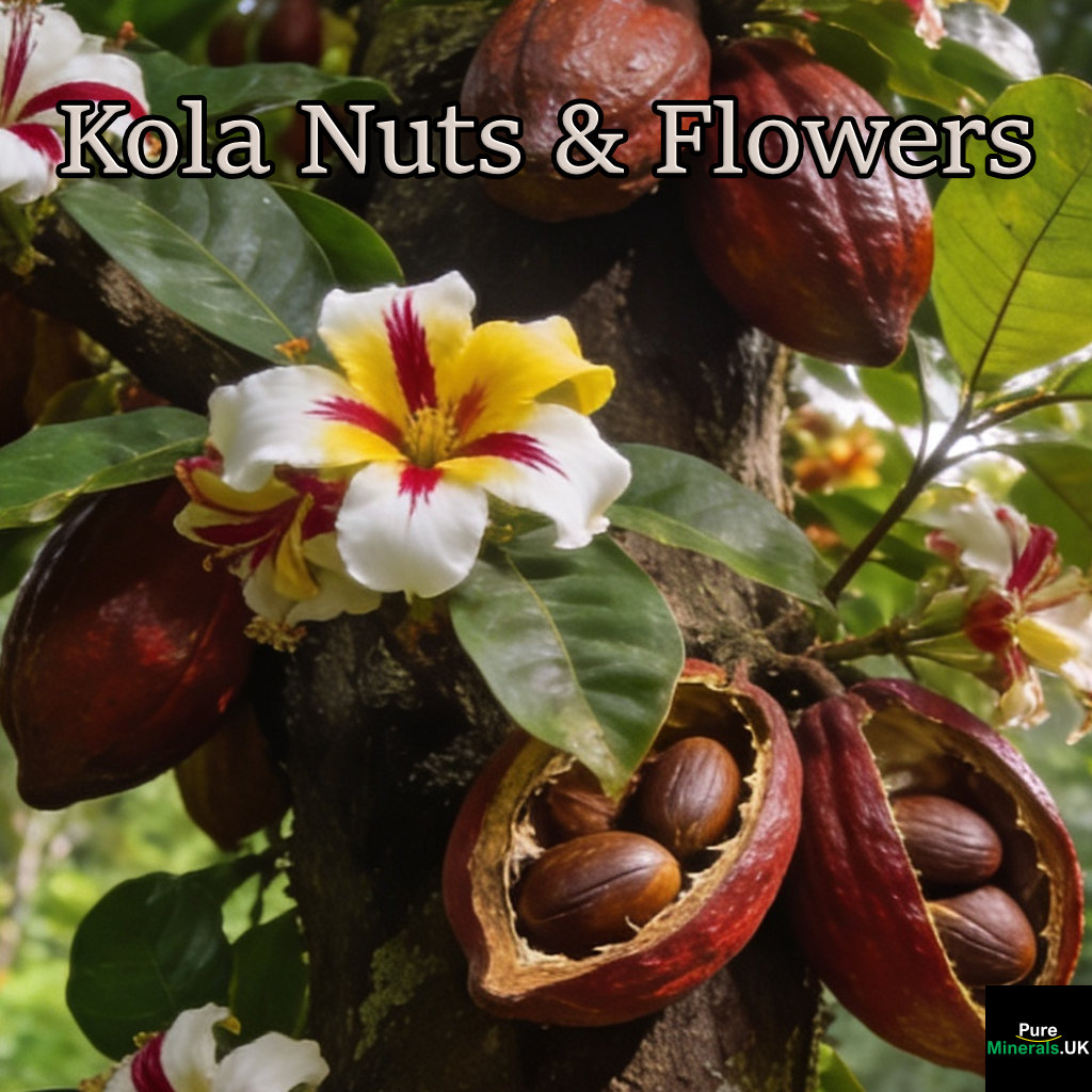 A close-up of the flowers, fruit, and nuts of the Kola nut tree, Cola nitida.